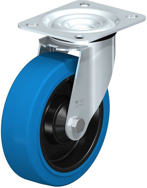 Blickle LE-POEV 125K-SB Stahlblech-Lenkrolle mit Anschraubplatte, Elastik-Vollgummi, Blau, 674333