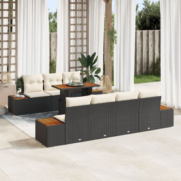 vidaXL 8-teiliges Garten-Esszimmer-Set mit Kissen Schwarz Poly-Rattan Akazie, 3350039