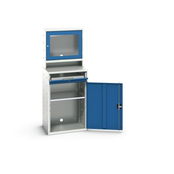 bott verso Computerschrank mit Bildschrimfach, mit Hängeschrank, 1 Fachboden, 1 Tablar, BxTxH: 650 x 550 x 1650 mm, Lichtgrau / Enzianblau, 16928001.11
