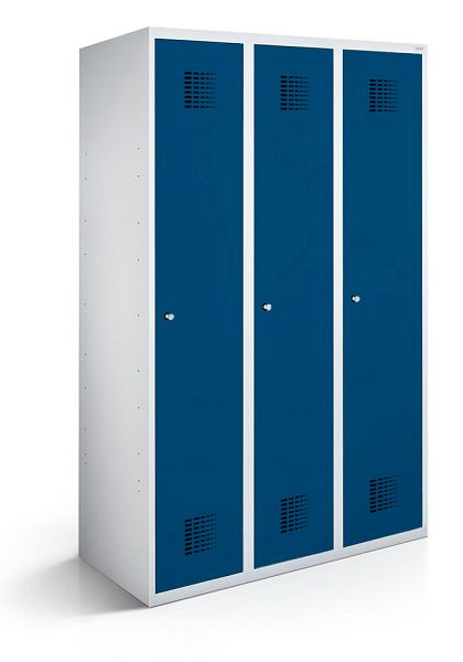 KEMMLIT Spind mit 3 Abteilen 40cm mit geschlossenem Sockel, Enzianblau 5010, Zylinderschloss, 100057