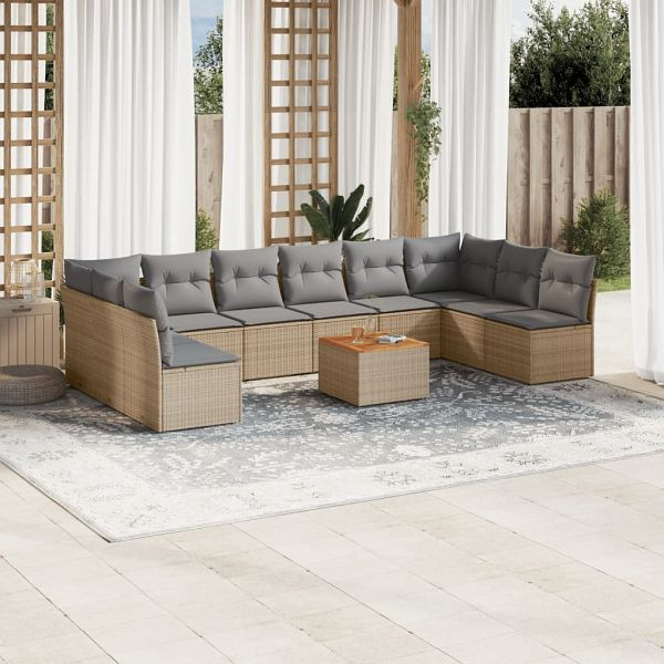 vidaXL 11-teilig Garten-Sofagarnitur mit Kissen Beige Poly Rattan, 3256129