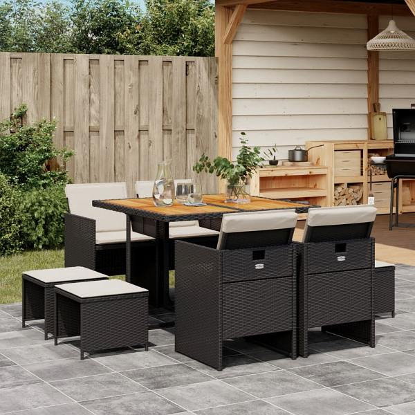 vidaXL 9-tlg. Garten-Essgruppe mit Kissen Schwarz Poly Rattan, UV-beständig, 3277730