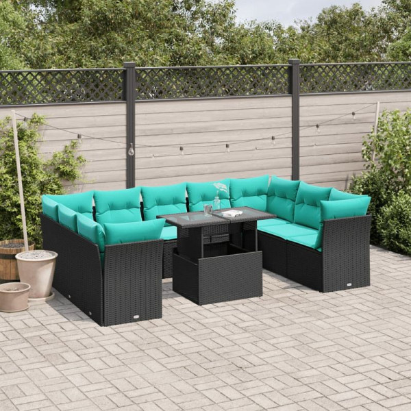 vidaXL 10-teiliges Gartensofa-Set mit Kissen, schwarzes Polyrattan, 3266817