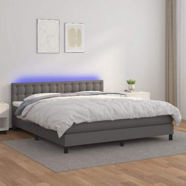 vidaXL Boxspringbett mit Matratze & LED Grau 160x200 cm Kunstleder, 3134235