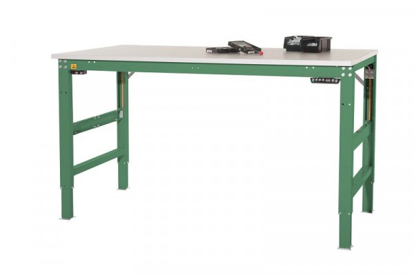 Manuflex ESD-Arbeitstisch UNIVERSAL ERGO E Memory mit Kautschukplatte, BxTxH = 1500 x 800 x 722-1002 mm, Resedagrün, LU9553.6011