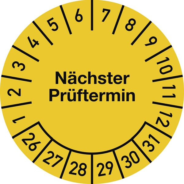 Moedel Prüfplakette Nächster Prüftermin 2026 - 2031, Folie, Ø 30 mm, VE: 500 Stück/Rolle, 107075