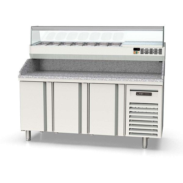 Vaiotec TOPLINE Pizzatisch 700 / 3-fach mit Türen, Granitplatte grau, inkl. Kühlaufsatz, GN 1/4, Breite: 1795 mm, 11627