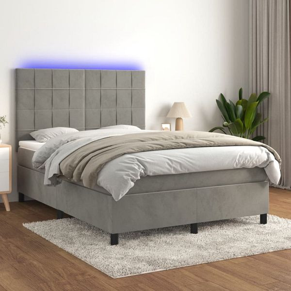 vidaXL Boxspringbett mit Matratze & LED Hellgrau 140x200 cm Samt, 3136125