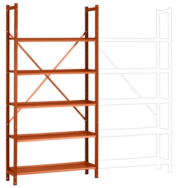 Manuflex Büro-Steck-Grundregal mit 5 pulverbeschichteten Stahlböden, HxBxT = 1900 x 960 x 300 mm, rotorange, RA3151.2001