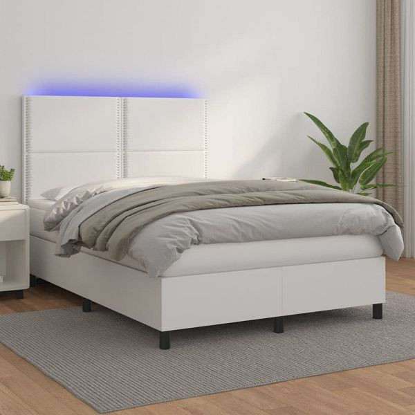 vidaXL Boxspringbett mit Matratze & LED Weiß 140x200 cm Kunstleder, 3135886