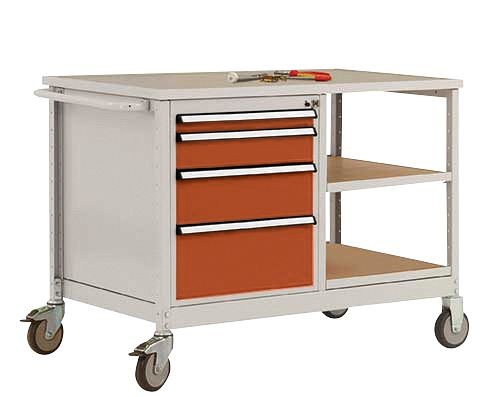 Manuflex Mobile Werkbank Modell 1 mit geölter Multiplex-Abdeckplatte 30 mm BxTxH 1135 x 590 x 810 mm, rotorange, MW2001.2001