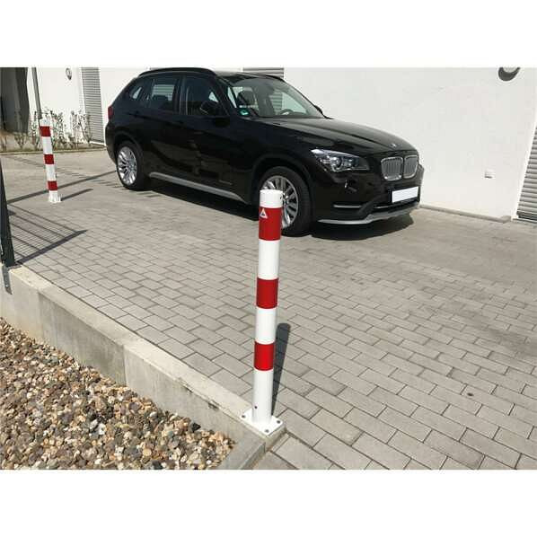 Schake Absperrpfosten Typ 4076PB+1 -ortsfest-,30° neigbar, Ø76 mm, zum Aufdübeln, feuerverzinkt, weiß / rot, mit 1 Öse, 4076PB+1