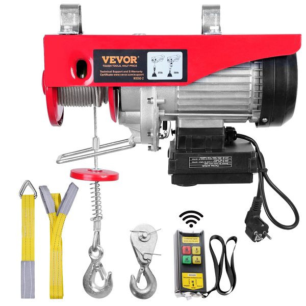 VEVOR elektrische Seilwinde 125kg bis 250kg Hubhöhe 12m 510W Kupfermotor, kabellos, DDG550LBS21FTW2DOV2