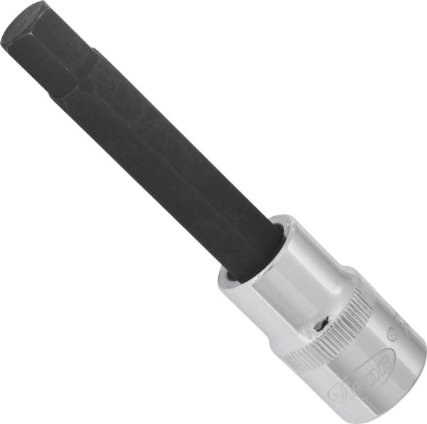 VIGOR Innensechskant Schraubendreher-Einsatz, Vierkant hohl 12,5 mm (1/2 Zoll), Innen-Sechskant Profil, 11 mm, Länge: 100 mm, VE: 5 Stück, V2077