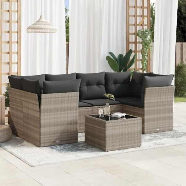 vidaXL 7-tlg. Garten-Sofagarnitur mit Kissen Hellgrau Poly Rattan, 3249111