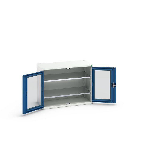 bott verso Flügeltürschrank mit Sichtfenster, mit 2 Fachböden, BxTxH: 1050 x 550 x 800 mm, Lichtgrau / Enzianblau, 16926274.11