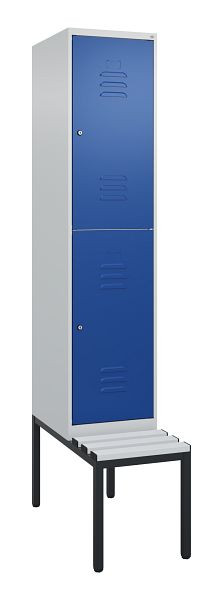 C+P Doppelstöckiger Spind Classic PLUS, 2120x400x815mm, 7035/5010, Zylinderschlösser, mit untergebauter Sitzbank, 0803507-12 S10018