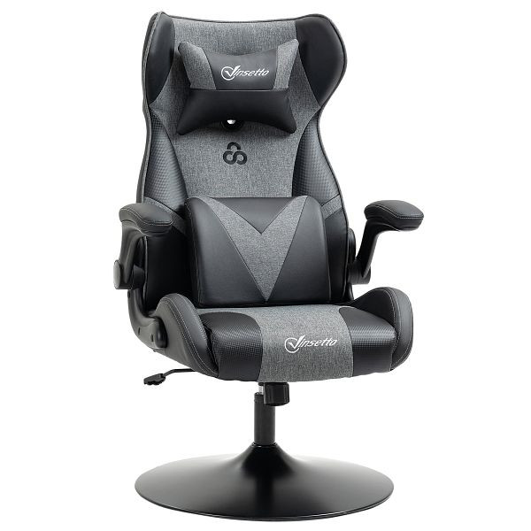 Vinsetto Gaming-Stuhl, höhenverstellbar & drehbar, Kunstleder-Bezug, klappbare Armlehnen, Schwarz+Grau, 921-572