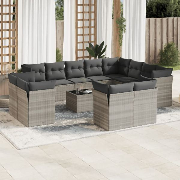 vidaXL 13-tlg. Garten-Sofagarnitur mit Kissen Hellgrau Poly Rattan, 3250381