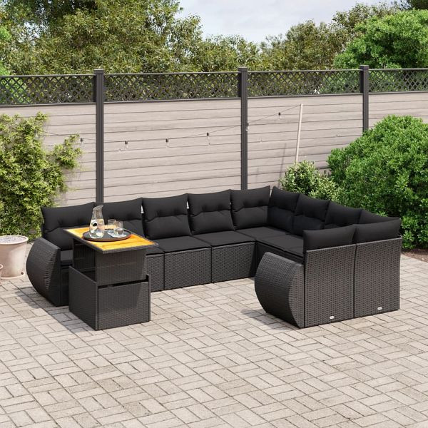 vidaXL 10-teilig Garten-Sofagarnitur mit Kissen Schwarz Poly Rattan, 3272357