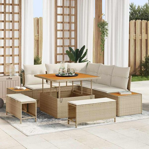 vidaXL Garten-Sofa-Set mit Kissen mit Speicher 8-teilig Beige Poly-Rattan, 3364856
