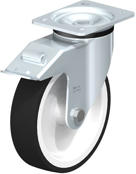 Blickle LK-POTH 200G-FI Stahlblech-Lenkrolle, schwere Ausführung, mit Anschraubplatte & Feststeller, Thermoplastisches Polyurethan, Grau, 607523