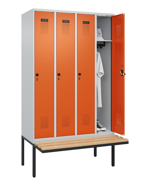 C+P Spind Evolo PLUS, 4 Abteile, 2120x1200x815mm, 7035/2004, Haken 3, Drehriegel, Sitzfläche Holz, 0490407-40 S10002