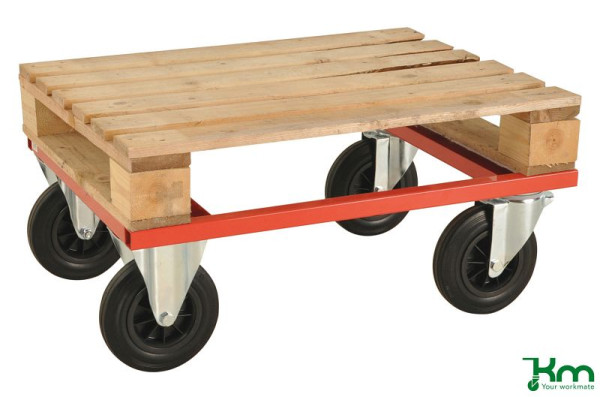 Kongamek Palettenwagen - niedrig, 2 Bock- und 2 Lenkrollen aus Vollgummi mit Bremsen, Rot, 800 x 600 x 270 mm, KM217-HB
