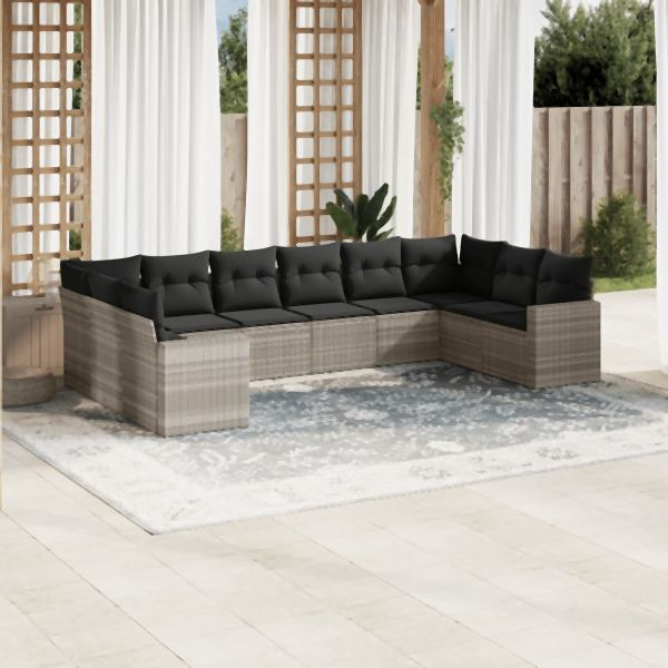 vidaXL 10-tlg. Garten-Sofagarnitur mit Kissen Hellgrau Poly Rattan, 3251809