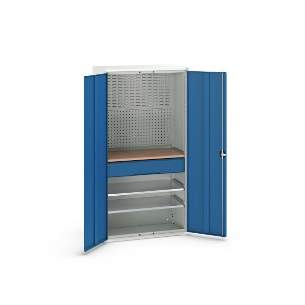 bott verso Flügeltürschrank mit 1 Schublade, mit 2 Fachböden und Rückwand, BxTxH: 1050 x550 x 2000 mm, Lichtgrau / Enzianblau, 16926570.11