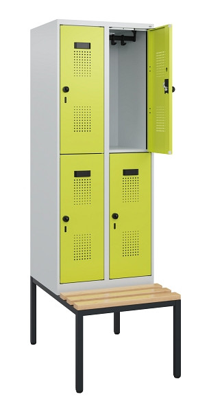 C+P Doppelstöckiger Spind Evolo PLUS, Bank, 4 Fächer, 1950x600x815mm, 7035/0024, Drehriegel, Sitzfläche Buche-Hartholz, Sitzbank, 0493505-20 S10015