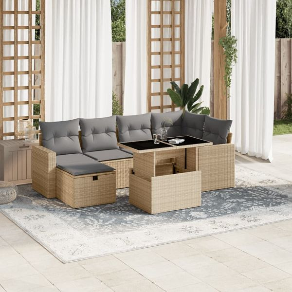 vidaXL 7-tlg. Garten-Sofagarnitur mit Kissen Beige Poly Rattan, 3274819