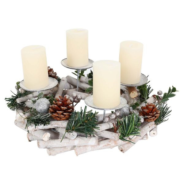 Mendler Adventskranz HWC-M12, Adventsgesteck Tischkranz Weihnachtsdeko Tischdeko Holz silber weiß Ø 30cm, mit Kerzen, 103800