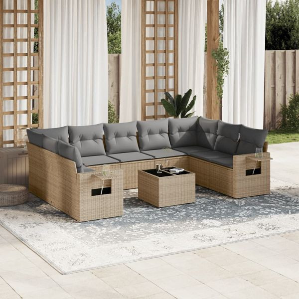 vidaXL 10-teilig Garten-Sofagarnitur mit Kissen Beige Poly Rattan, 3220608