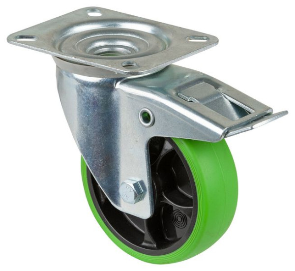 BS Rollen Transportrolle Lenkrolle mit Festeller, thermoplastisches Gummirad, Reifen grün, Rollenlager, Platte, 100 mm, VE: 4 Stück, L420.B44.101.04