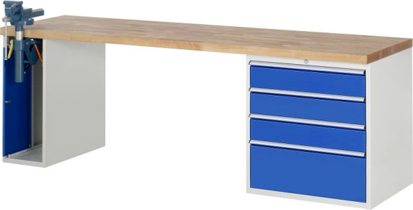 RAU Werkbank Serie 7000 - Baukasten-Bauweise, 2 Unterbau-Container (1x Schraubstock, 4x Schublade), 2500x840x700 mm, 03-7610A2-257B4S.11