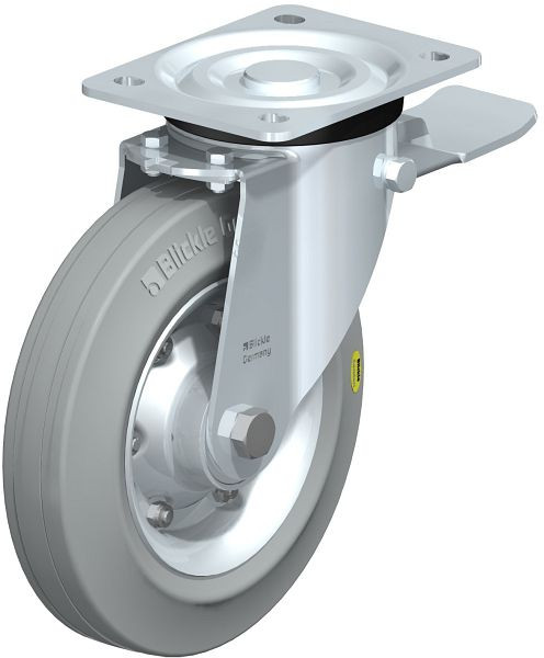 Blickle L-RD 200K-ST-VLI Stahlblech-Lenkrolle, mittelschwere Ausführung, mit Anschraubplatte & Feststeller, Zweikomponenten-Vollgummi, Grau, 307959