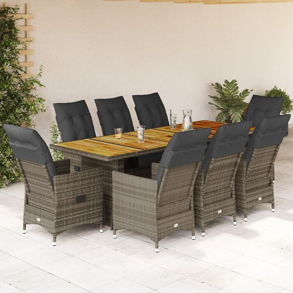 vidaXL 9-tlg. Garten-Bistro-Set mit Kissen Grau Poly Rattan, 3277259