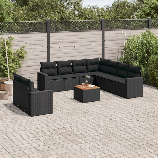 vidaXL 10-teilig Garten-Sofagarnitur mit Kissen Schwarz Poly Rattan, 3224186