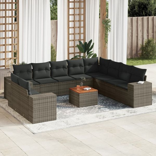 vidaXL 11-teilig Garten-Sofagarnitur mit Kissen Grau Poly Rattan, 3257852