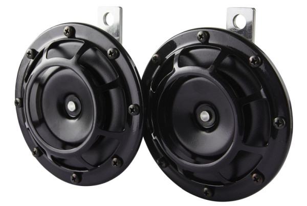 HELLA Horn - B133 - 24V - 118dB(A) - Frequenzbereich: 375/500Hz - Starkton - Gehäusefarbe: schwarz - Flachsteckanschluss - Set, 3AG 003 399-101