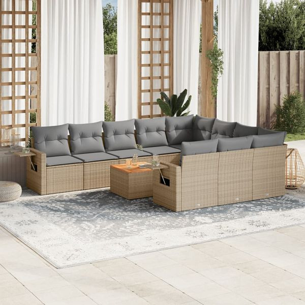 vidaXL 11-teilig Garten-Sofagarnitur mit Kissen Beige Poly Rattan, 3224743