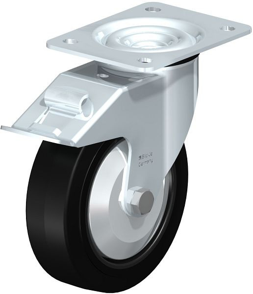 Blickle LE-POEV 160XR-FI-FA Stahlblech-Lenkrolle mit Anschraubplatte & Feststeller, Elastik-Vollgummi, Schwarz, 850159