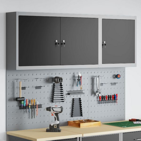 vidaXL 5-teiliges Werkzeugschrank- und Pegboard-Set zur Wandmontage in Schwarz Metall, 3321400