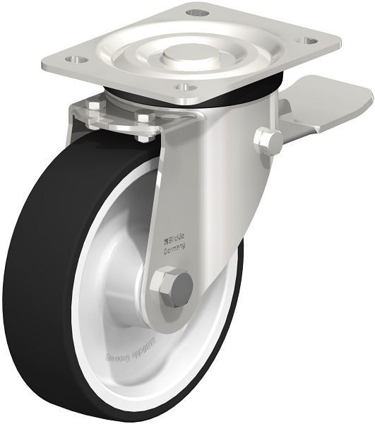 Blickle LX-POTH 160G-ST Edelstahl-Lenkrolle, mittelschwere Ausführung, mit Anschraubplatte & Feststeller, Thermoplastisches Polyurethan, Grau, 853711