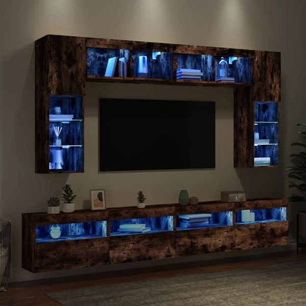vidaXL 8-teilig TV-Wohnwand mit LED-Leuchten Räuchereiche, 3216768