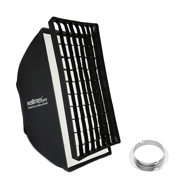 Walimex pro Essential Softbox 60x90cm + Softboxadapter für Elinchrom (Außendurchmesser: 15,2 cm), um 360° drehbar, einfacher Aufbau, inkl. Grid, 1023449