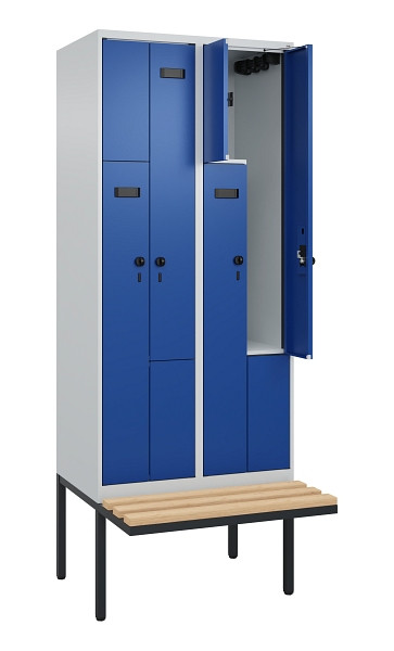 C+P Z-Spind Evolo PLUS, Bank, 4 Fächer, 2120x800x815mm, 7035/5010, Drehriegel, Sitzfläche Holz, 0490437-224 S10015