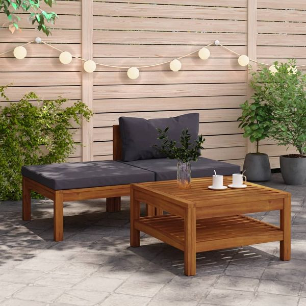 vidaXL 3-teilig Garten-Lounge-Set mit Dunkelgrauen Kissen Akazienholz, 316280