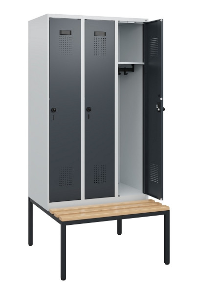 C+P Spind Evolo PLUS, 3 Abteile, 1950x900x815mm, 7035/7016, Drehriegel, Sitzfläche Buche-Hartholz, Sitzbank, 0490505-30 S10012